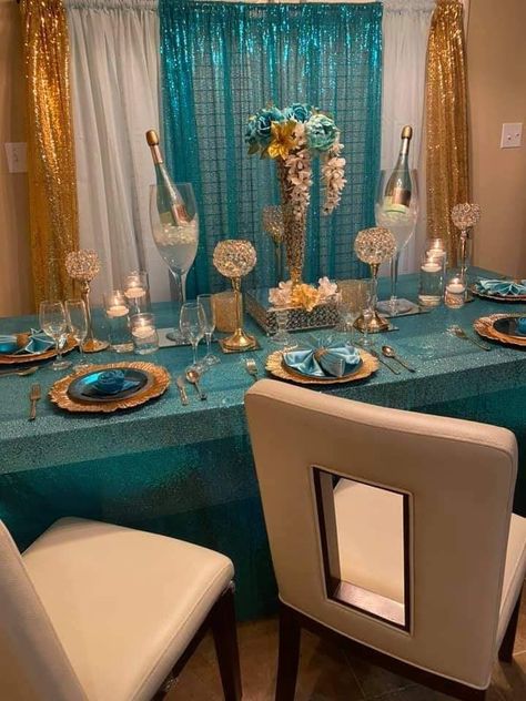 Teal And Gold Decorations Party, Teal And Gold Table Setting, Turquoise And Gold Centerpieces, Turquoise White And Gold Party Decorations, Teal And Gold Event Decor, Tiffany Christmas, Gold Dessert Table, Gold Birthday Decorations, Teal Wedding Colors