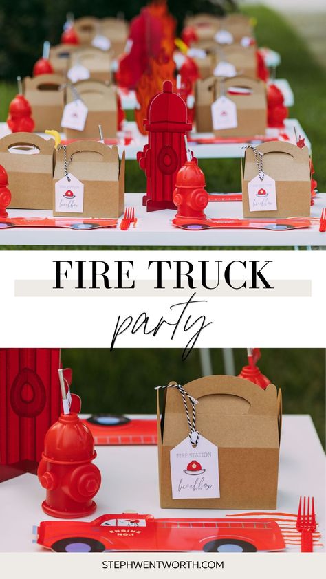 Firefighter Party Theme, Fire Truck Birthday Favors, Meri Meri Fire Truck, Fire Truck Birthday Party Ideas Games, Fire Truck Birthday Party Ideas Favors Goodie Bags, Fire Fighter Theme Party, Fire Truck Birthday Food Ideas, Modern Firefighter Party, Fire Truck Birthday Balloon Arch