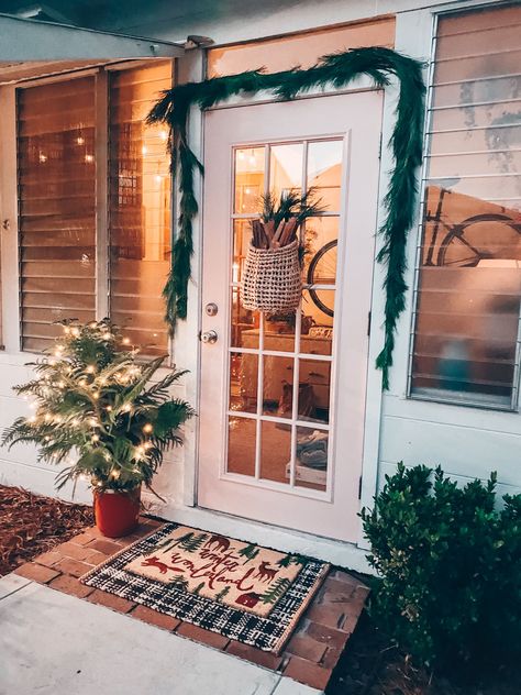 Christmas Front Porch Blushing Bungalow Painted Shower Tile, Fresh Garlands, Painting Shower, Wallpaper Ceiling, Pink Door, Christmas Front Porch, Door Molding, Bungalow Design, Beautiful Outdoor Spaces