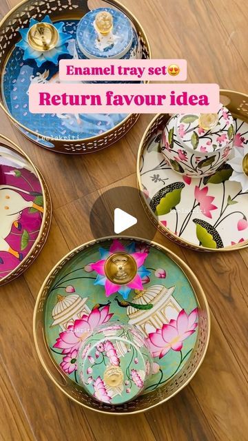 Lila devi on Instagram: "Premium tray sets for return favours😍 Available in such pretty & traditional prints Tray,jar and diya can be ordered separately as well!  Moq 5 pcs  Combo moq 5 pc  Discount on above 5 sets  Dm for more details and follow for more such content @rakhi.by.leelakriti   (Return favours , return gift idea, wedding favours , diwali return gifts , diwali favours)  #returngifts #returngiftfavours #returngifts #diwaligift #diwaligifting #diwalihampers #diwalihamper" Traditional Return Gift Ideas, Diwali Gifting Ideas, Wedding Return Gift Ideas, Return Favours, Diwali Gift Items, Diwali Gift Ideas, Kalamkari Blouse Designs, Diwali Gif, Indian Wedding Gifts