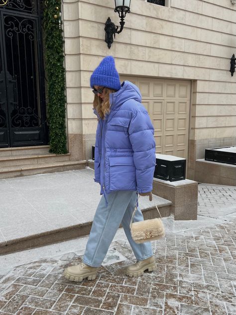 Bright Puffer Jacket Outfit, Lavender Coat Outfit Winter, Lavender Puffer Jacket Outfit, Colorful Puffer Jacket Outfit, Lilac Puffer Jacket Outfit, Sage Puffer Jacket Outfit, Purple Winter Coat, Violet Jacket Outfit, Lavender Jacket Outfit