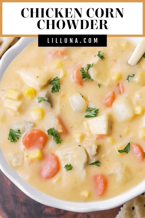 Creamy chicken corn chowder hits the spot, brimming with tender chicken, sweet corn, and a rich broth - all in under 30 minutes. #chickencornchowder #cornchowder #chicken #chowder #soup Chicken Chowder Soup, Chicken Corn Chowder Soup, Creamy Chicken Corn Chowder, Healthy Delicious Soups, Chicken Corn Chowder Recipe, Corn Chowder Soup, Chicken Chowder, Potato Corn Chowder, Chicken Corn Chowder