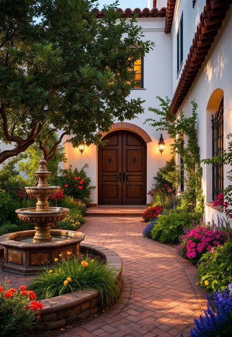 California Landscaping Hacienda Garden Courtyards, Spanish Style Home Landscaping, California Native Plants Landscaping, California Garden Ideas, Spanish Style Landscaping, Fountain Garden Design, Arizona Gardens, Home With Courtyard, Garden Provence