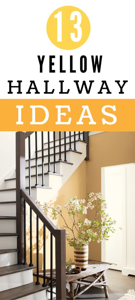 13 yellow hallway ideas, yellow painted walls with defining dark wood staircase which winds round. There is a wooden table with a large vase of hand picked flowers inside. Yellow Entryway Ideas, Mustard Hallway Ideas, Yellow Hallway Ideas Entryway, Pale Yellow Hallway, Yellow Staircase Wall, Bright Hallway Ideas Colour, Yellow Stairwell, Mustard Hallway, Hall Stairs And Landing Decor Paint Colors