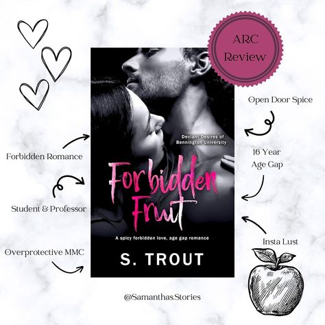 My most recent read courtesy of @sunnybabepr & @s.trout_writes Forbidden Fruit is packed full of spice! 🥵 If you’re looking for a fast-paced spicy read, with a student x professor relationship, and 16 year age gap, this book may be for you. And it’s available NOW on Kindle Unlimited. Full review coming soon 🫶🏻 • • • #sunnybabepr #samanthasstories #spicyreads #arcrreader #stroutwrites #romance #agegap #instalove #bookstagram #minireview Forbidden Age Gap Romance Books, Age Gap Romance Books, Age Gap Relationship, Teenage Books, Books Recs, Book Tropes, Teenage Books To Read, Romance Aesthetic, Fiction Books Worth Reading