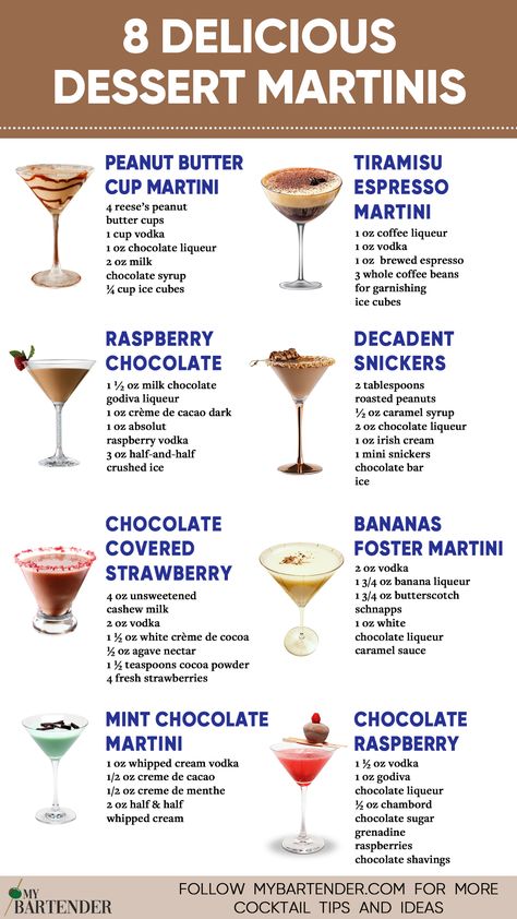 Dessert Martinis Andes Mint Martini, Easy Dessert Cocktails, Martini Glass Recipes, Martini Glass Desserts, Yummy Martini Recipes, Dessert And Cocktail Pairing, Tiramisu Martini Recipe, London Fog Martini, Alcoholic Dessert Drinks