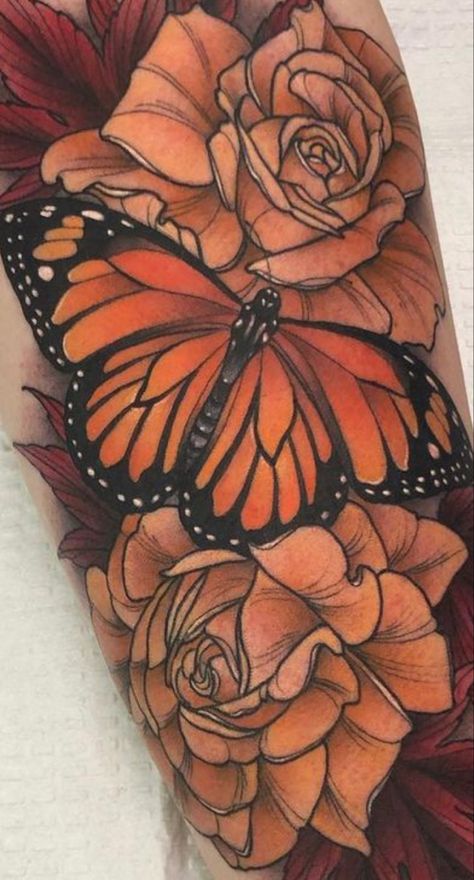 American Traditional Monarch Butterfly Tattoo, Butterfly Rose Tattoo, Butterfly Leg Tattoo, Moth Tattoos For Women Color, Traditional Floral Tattoo, Pink And Yellow Moth Tattoo, Colorful Moths Tattoo, Moth Butterfly Flower Tattoo, Moth And Flower Tattoo Color