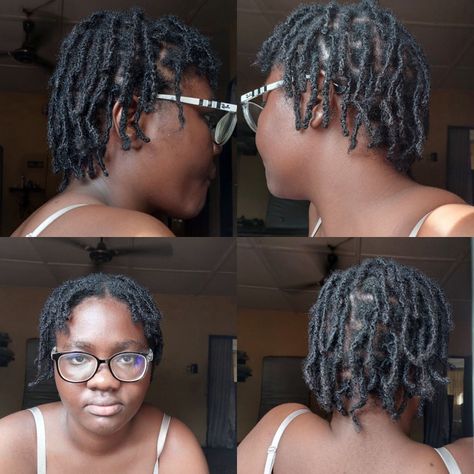 A black girl with starter locs ,front view ,the two side views and back view. Starter Locs With Bangs, Interlocking Locs, Starter Locs, 4c Hairstyles, Locs, Bangs, Short Hair Styles, Hair Styles, Hair