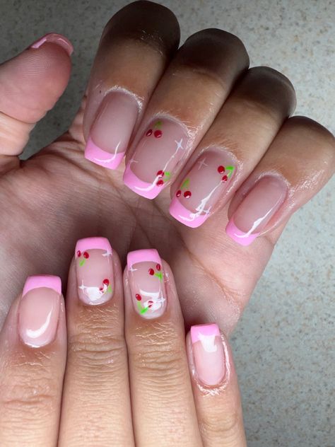 Pink french tips with cherries French Tip Cherries, Pink French Tip Nails With Cherries, Pink French Tip Cherry Nails, White French Tip Nails With Cherries, White French Tips With Cherries, Pink French Nails, Cherry Nails, Nails For Kids, Acrylic Nails Coffin Pink