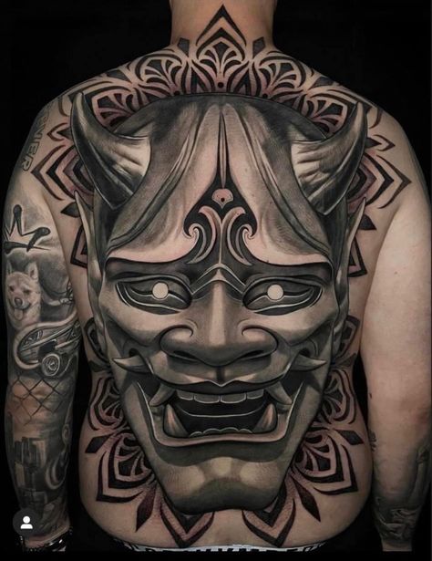 Japanese Mask Chest Tattoo, Hannya Mask Back Piece, Oni Mask Full Back Tattoo, Hanya Mask Full Back Tattoo, Hanya Mask Back Tattoo, Hannya Mask Back Tattoo, Oni Mask Tattoo Back, Hannya Back Tattoo, Oni Back Tattoo