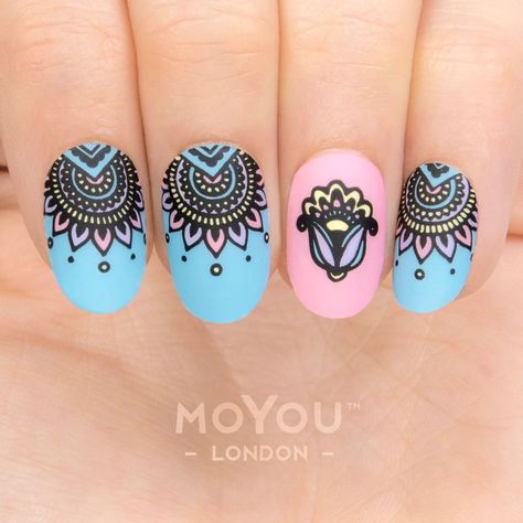 Perfect timing for your summer time colours, madness and festivals!! No one does mani's like a MoYou London Summer Mani Madness!! Party time!! ✨ NEW PLATES OUT NOW ✨ 👉Plates - Henna 08 👉Polishes - Black Knight // Candy Floss // Beach House // Banana Ice // Soft Iris #moyoulondon #MYL #summernails #nailsdid #stampingnailart #letsnail_nails #pastelnails #trendypolish #hairandfashionaddict #nailsoftheday #nailartdaily #nailstagram #naildecor #nailitdaily #showmethemani #pastelpolish #nailprod... Unique Nail Designs Creative Beautiful, Henna Nail Art, Traditional Mehndi Designs, Mandala Nails, Traditional Mehndi, Indian Nails, Henna Nails, London Summer, Animal Nails