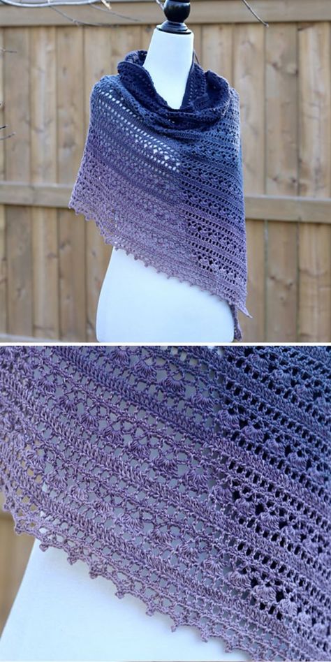 Handmade purple gradient shawl with intricate lace pattern displayed on a mannequin against a wooden fence background. Crochet Thread Shawl Pattern Free, Elegant Shawl Crochet Pattern, Elegant Crochet Wrap Pattern, Shawl With Sleeves Crochet Pattern, Crochet Stole Free Pattern, Scheepjes Whirl Crochet Patterns, Free Crochet Rectangle Shawl Patterns, Shawl Patterns Crochet Free, Crochet Shawls And Wraps Free Patterns