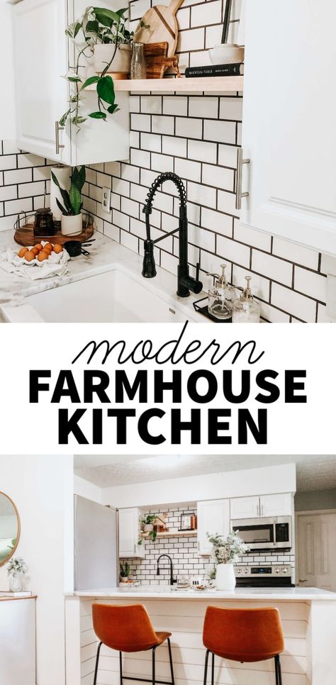 Small Kitchen Update, Shiplap Island, Contemporary Farmhouse Kitchen, Black And White Backsplash, Backsplash Marble, White Subway Tile Kitchen, Comfortable Patio Furniture, White Kitchen Backsplash, Custom Kitchen Island