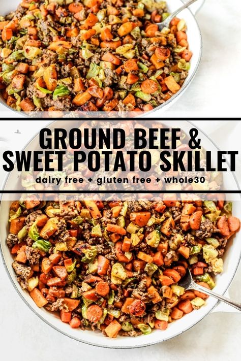 Whole 30 Meals With Ground Beef, Ground Turkey Sweet Potato Brussel Sprout, Meat Dishes For Dinner Meals, Meals With Ground Beef Dairy Free, Dinners With Sweet Potatoes Healthy, Ground Beef And Potato Meal Prep, Hamburger Meat Sweet Potato Recipes, Easy Cheap Healthy Meals Low Carb, Ground Beef Brussel Sprouts Sweet Potato