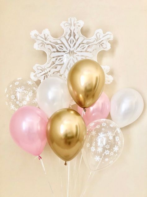 1st Birthday Themes Girl, Snowflake Balloons, Gold Birthday Outfit, Winter Onederland First Birthday, First Birthday Winter, Snowflake Decor, Pink And Gold Birthday Party, Pink Gold Birthday, Winter Onederland Birthday Party