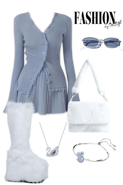 Blue Winter Outfits For Women, Cute Blue Outfits Aesthetic, Designer Aesthetic Outfits, Winter Blue Outfit, Blue Winter Outfits, Soft Blue Outfit, Blue And White Outfit, Winter Wonderland Outfit, White And Blue Outfit