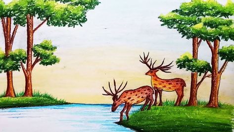 Deer Drinking Water in the Forest | Easy Scenery Drawing With Oil Pastels  #drawing #deerdrawing #drawingschools Easy Forest Drawings, Jungle Drawing Easy, Forest Drawing Simple, Forest Drawing With Animals, Deer Drinking Water, Forest Drawing Easy, Scenery Drawing With Oil Pastels, Simple Nature Drawing, Drawing With Oil Pastels