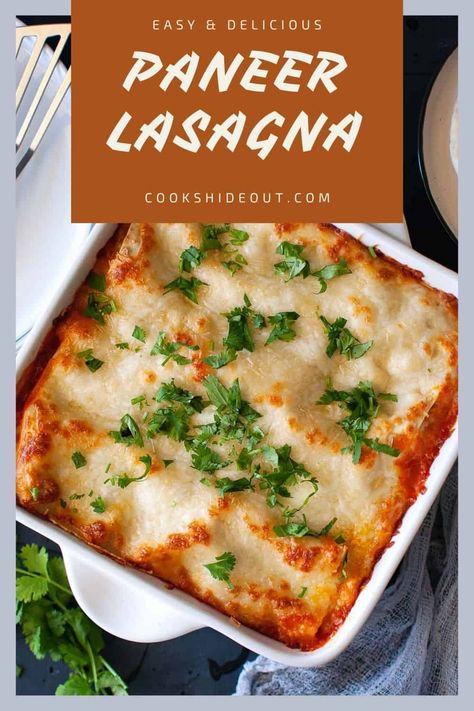 White baking pan with paneer lasagna Saag Paneer Lasagna, Paneer Lasagna Recipe, Veg Lasagna Recipe Easy, Lasagna Recipe With Ricotta Videos, Paneer Dishes Vegetarian Recipes, Lasagna Recipe Vegetarian Indian, Desi Pasta Recipes, Indian Lasagna, Veg Lasagna Recipe Indian