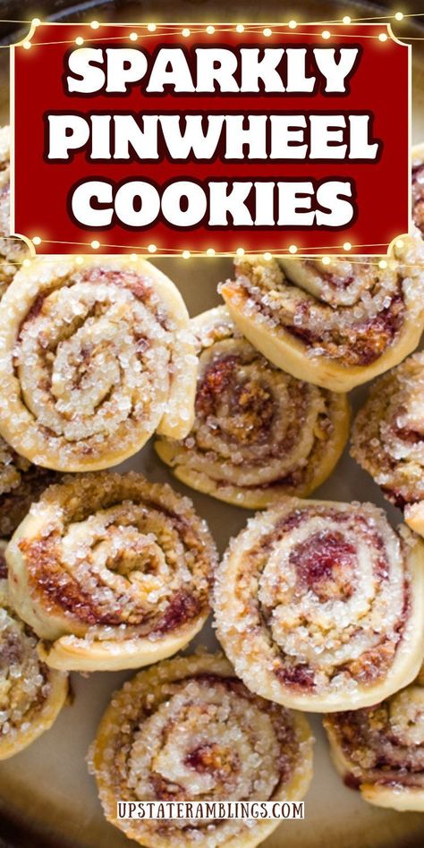 Sparkly Pinwheel Cookies Raspberry Pinwheel Cookies, Pinwheel Christmas Cookies, Pinwheel Cookies Christmas, Sugar Cookies Soft, Pinwheel Cookies Recipe, Cookies Soft And Chewy, Cream Cheese Pinwheels, Christmas Crafts Food, Easy Holiday Cookies