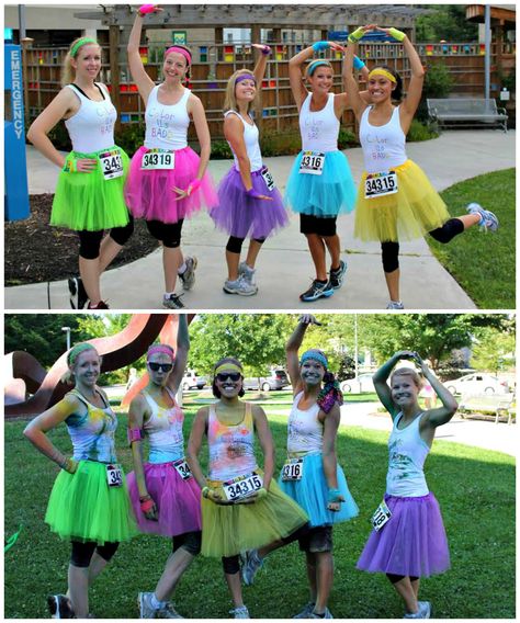 Color_Run_before_after_tutu Color Run Ideas, Color Run Outfit, Work Out Clothes For Women, Womens Workout Clothes, Glow Run, Running Tutu, Run Outfit, Womens Yoga Pants, Colour Run