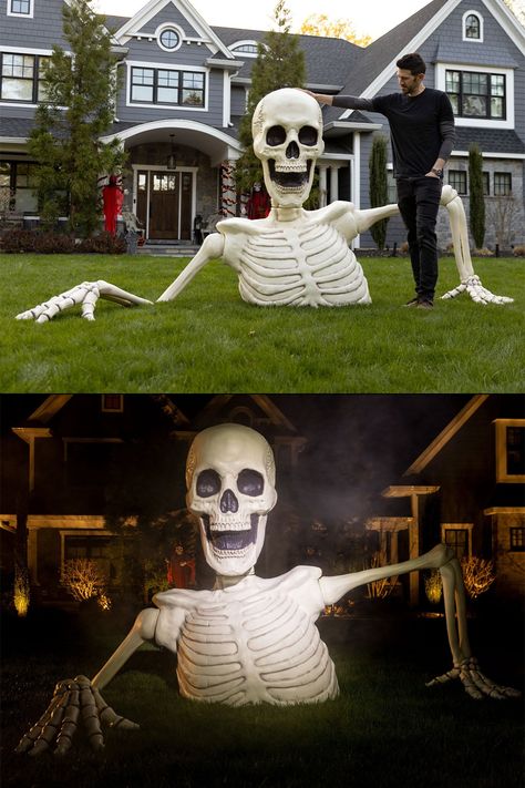 A terrifying, double-take-inducing statue of a gigantic skeleton that's seemingly crawling up out of the front lawn. Giant Outdoor Skeleton, Huge Skeleton Decor, Diy Large Skeleton, Skeleton Coming Out Of Ground, Decorating With Skeletons Outside, Large Skeleton Halloween Decor, Giant Skeleton Ideas, Yard Skeleton Ideas, 12 Foot Skeleton Ideas