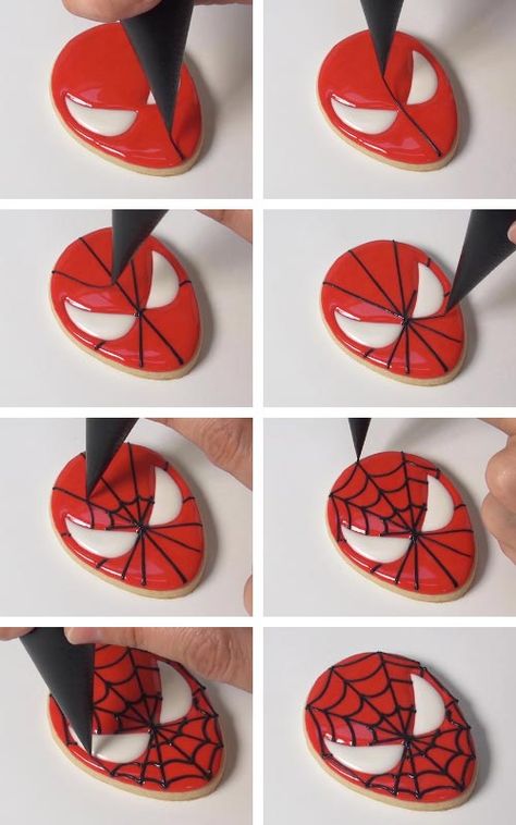 Spider Man Biscuit, Superhero Royal Icing Cookies, Spiderman Cookies Decorated Birthday, Diy Spiderman Cupcakes, Spider Man Royal Icing Cookies, Spider Man Birthday Cookies, Spiderman Birthday Desserts, Spider Man Cookie Cake, Spiderman Cookies Royal Icing