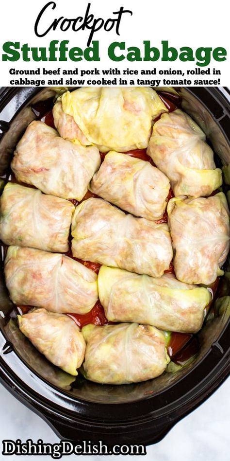 Crockpot Cabbage Rolls are the perfect comfort food, made with ground beef and pork mixed with rice, onion, and spices rolled in cabbage leaves and slow cooked in a tangy tomato sauce! Beef And Sausage Cabbage Rolls, Old Fashion Cabbage Rolls Ground Beef, Cabbage Roll Crockpot, Cabbage Rolls In The Crockpot, Cabbage Rolls In Slow Cooker, Stuffed Cabbage Rolls In Crock Pot, Stuff Cabbage Rolls Recipes Crock Pot, Cabbage Rolls Crockpot Slow Cooker, Stuffed Cabbage In Crock Pot