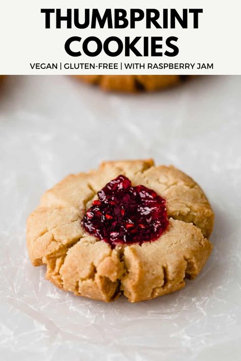 Vegan Thumbprint Cookies with Raspberry Jam are made with healthy ingredients and come together in one bowl for a deliciously sweet shortbread cookie! #thumbprintcookie #vegancookies #raspberryjamcookies #vegandessert Vegan Thumbprint Cookies, Almond Flour Shortbread Cookies, Almond Flour Shortbread, Cookie Biscuits, Diy Cookies, Glutenfri Baking, Raspberry Thumbprint Cookies, Cookie Board, Almond Bread