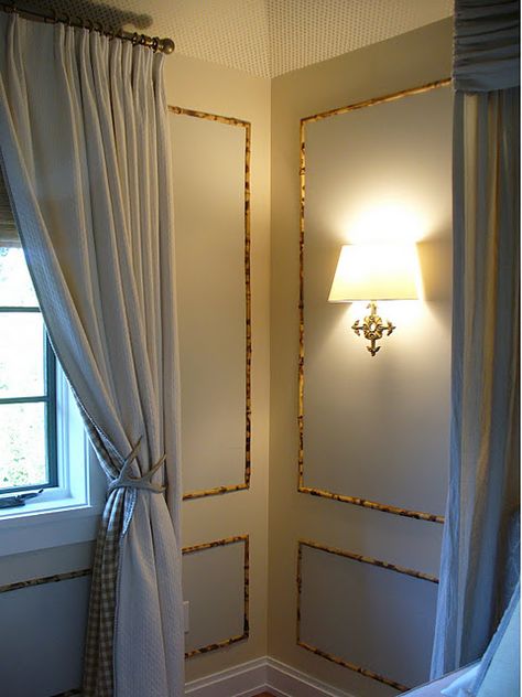 Cool bamboo wall trim and antler drapery tie backs. Bad Kitty, Bamboo Wall, Wall Trim, Chinoiserie Chic, Architectural Details, Wall Treatments, Moldings And Trim, Architecture Details, Interior Details