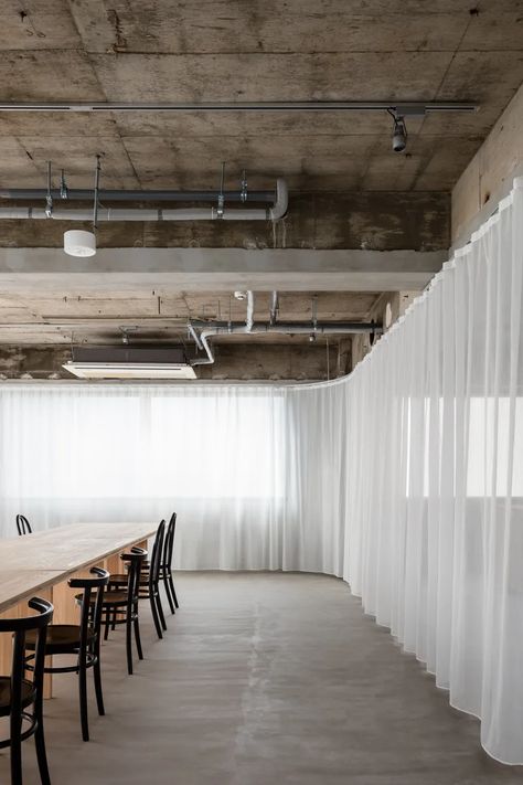 Tsubasa Iwahashi, Norihito Yamauchi · with an open space · Divisare Office Floor, Large Shelves, Open Office, Cafe Interior, Commercial Interiors, Common Area, Contemporary Architecture, Large Windows, Showcase Design