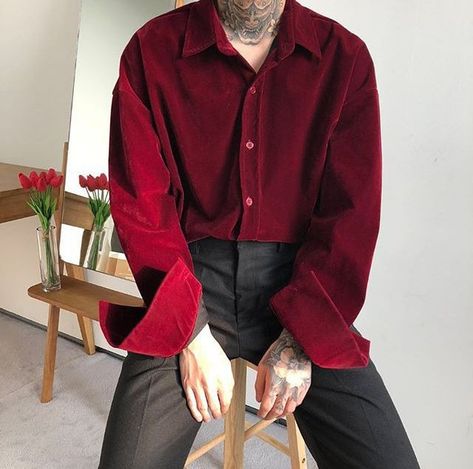 Aesthetic Clothes Men, Red Button Up Shirt, Red And Black Outfits, Party Outfit Men, Black Outfit Men, Burgundy Outfit, Aesthetic Outfits Men, Red Streetwear, Cool Outfits For Men