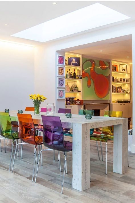 Modern Glamour Dining Room, Apartment Aesthetic Living Room Colorful, Transparent Dining Chairs, Colorful Dining Table And Chairs, Ombre Dining Chairs, Colorful Modern Dining Room, Colorful Maximalist Dining Room, Pop Art Dining Room, Clear Room Decor