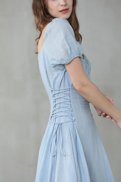 Maxi Linen Dress, Princess Seam Dress, Dress Puff Sleeve, Frock Fashion, Plain Dress, Linen Midi Dress, Puff Sleeve Dress, Flared Dress, Apron Dress