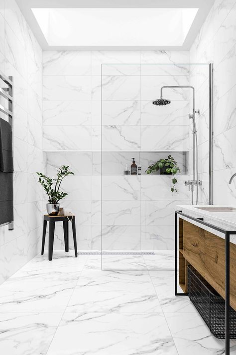 White Marble Tile Bathroom, Spa Bathroom Design, Marble Bathroom Designs, White Marble Bathrooms, Marble Tile Bathroom, Bilik Air, Bathroom Shower Design, White Bathroom Tiles, Spa Bathroom