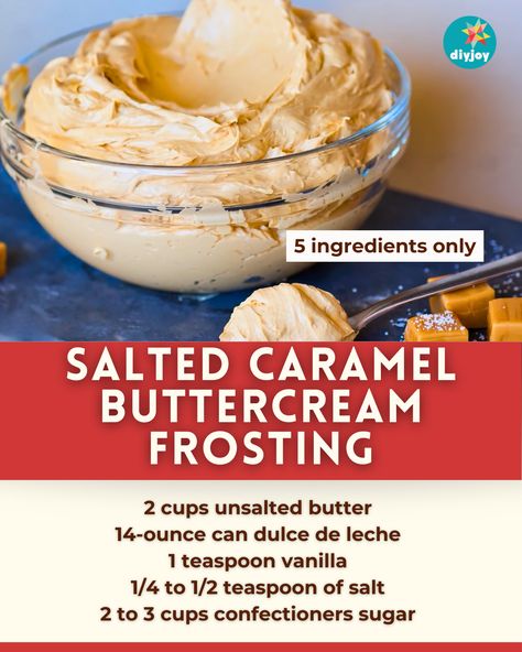 This salted caramel buttercream frosting is perfect for frosting cakes and cupcakes. It's sweet and salty and only requires 5 ingredients. Salted Caramel Icing Recipe, Salted Caramel Frosting Buttercream, Salted Caramel Cupcakes Recipe, Homemade Cake Frosting, Caramel Cake Filling, Caramel Frosting Recipe, Salted Caramel Buttercream Frosting, Buttercream Frosting Recipe Easy, Homemade Caramel Candy