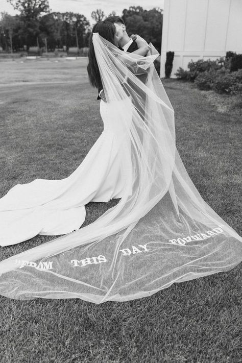 The Official List of 2023 Wedding Trends! - emberandstoneevents.com Wedding Veil With Writing, Veils With Words, Words On Veil, Custom Veil Brides, Wedding Veil With Words, Writing On Veil, Embroidery On Veil, Wedding Veil Embroidery Words, Veil Writing