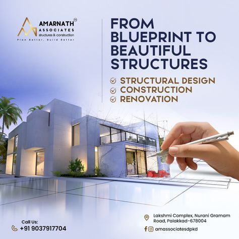 Looking for a reliable partner for your construction, renovation, or structural design needs? Look no further than AM Associates, your premier one-stop shop for all your building needs. Learn more: www.theamassociates.com Talk to Us: +91 9037917704 Mail Us: contact@theamassociates.com #amassociates #construction #structuraldesign #renovation #look #palakkad Construction Template Design, Architecture Creative Ads, Construction Ads Design, Cement Ads, Construction Ads, Construction Advertisement, Construction Signage, Construction Company Names, Construction Poster