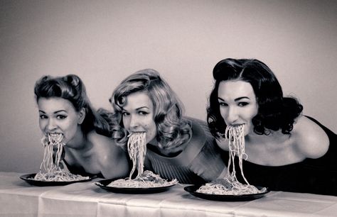 Pinup spaghetti eating contest   Vintage. Pinup. Black and white. Kath biss. Tanya vaudeville. Lily monroe. Frank lam photography Spaghetti Photoshoot, September Photos, Eating Spaghetti, Vintage Spaghetti, Rockabilly Girl, Vintage Photoshoot, White Wall Decor, Portrait Gallery, Office Cafe