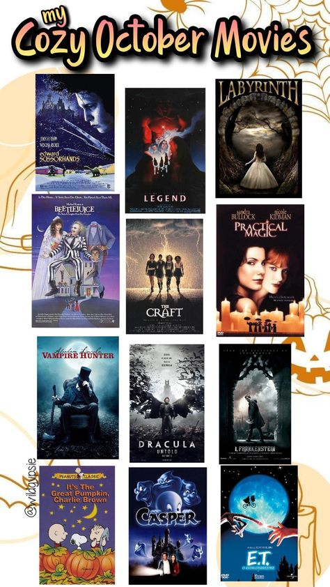 #cozy #movies #Autumn #practicalmagic #thecraft #et #Dracula #Frankenstein #Casper #legend #labyrinth #September #October #Halloween Cozy Halloween Movies, October Movie List, November Movies, Netflix Journal, Cozy Movies, October Movie, Autumn Movies, Frankenstein Movie, Wind Club