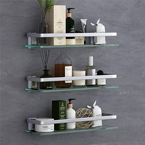 VOLPONE Glass Wall Shelf 3 Tier Bathroom Shower Glass Shelf Wall Mounted Metal Storage Floating Shelves for Kitchen 15.7inch (Sliver) - - AmazonSmile Bathroom Glass Shelves, Bathroom Wall Organizer, Glass Wall Shelf, Bathroom Wall Shelf, Glass Bathroom Shelves, Glass Wall Shelves, Wall Mounted Bathroom Cabinets, Floating Shelves Bathroom, Bathroom Wall Shelves