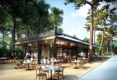 "Beza" Café on Behance Outdoor Restaurant Patio, Restaurant Exterior Design, Cafe Exterior, Outdoor Restaurant Design, Seating Design, Restaurant Exterior, Cafe Concept, Restaurant Patio, Cafe Shop Design