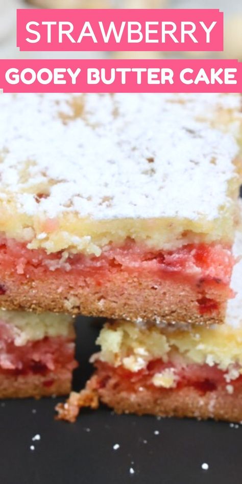 Strawberry Gooey Butter Cake is a new twist on our classic Gooey Butter Cake recipe. We're using a strawberry cake mix and adding fresh strawberries to the cream cheese layer. If you love strawberries, this easy dessert is for you. Strawberry Ooey Gooey Cake, Strawberry Gooey Butter Cake, Strawberry Earthquake Cake, Strawberry Cake Mix Recipes, Gooey Butter Cake Recipe, Yellow Cake Mix Recipes, Butter Cakes, Strawberry Cake Easy, Fresh Strawberry Recipes