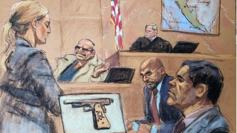 Drawing showing courtroom with witness Jesus Zambada and Joaquin 'El Chapo' Guzman Courtroom Sketch, Draw Show, Mock Trial, Court Room, Trial Court, Court Cards, Paintings Illustration, Harvey Weinstein, World News Today