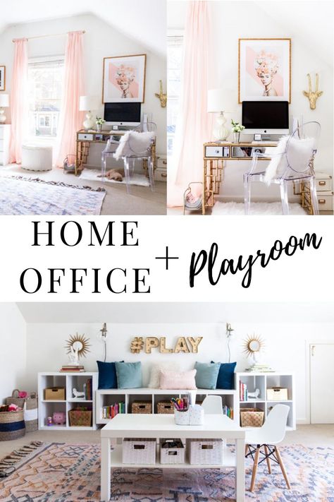 Living Room Office Playroom Combo, Play And Work Room, Dining Room Office Playroom, Playroom / Office Ideas, Basement Playroom Office Combo, Playroom With Office Space, Shared Office Playroom, Home Office With Play Area, Toy Room Office Combo