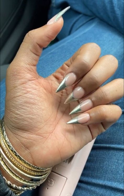 Chrome French tips pointy stilleto sexy nail inspo French Tips Pointy, Chrome French Tips, Chrome French, French Tips, Nail Inspo, Nails