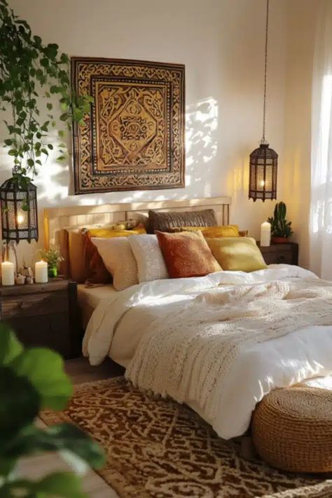 Zen Bedroom Ideas, Boho Bedrooms, Boho Bedroom Ideas, Zen Bedroom, Bedroom Oasis, Moroccan Lamp, Bohemian Bedroom, Bedroom Boho, Canopies