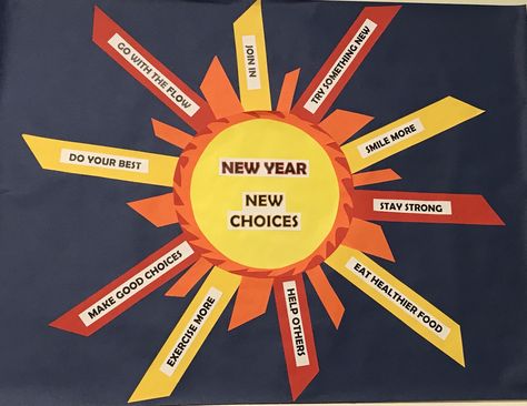 New year goals New Year Resolution Board Ideas, Happy New Year Chart For School, Resolution Board, Soft Board, Year Goals, New Years Activities, Poster Diy, School Displays, English Worksheets For Kids