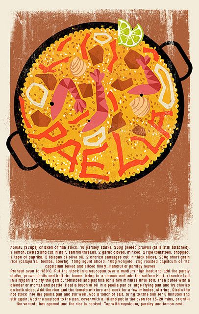 Paella Illustration, Spanish Illustration, Cookbook Illustration, Paella Party, Scrapbook Recipe Book, Paella Valenciana, Spain Art, Paella Recipe, Pizza Design