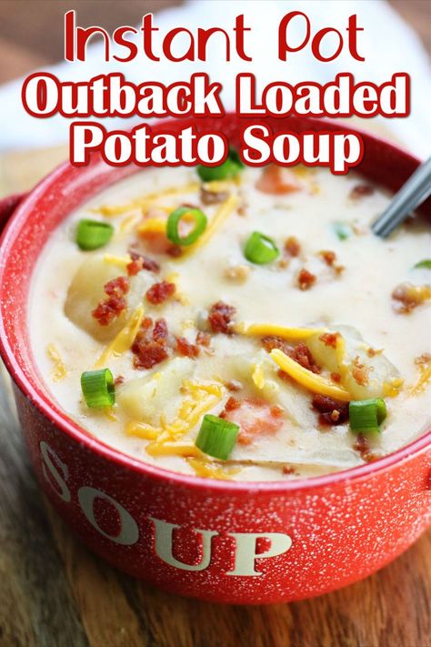 Instant Pot or Crockpot Outback Loaded Potato Soup is a creamy potato, bacon and cheese soup just like the restaurant but you can make it at home! Outback Potato Soup, Potato Soup Creamy, Pressure Cooker Potatoes, Potato Bacon Soup, Potato Bacon, Soup Creamy, Cheesy Potato Soup, Loaded Potato Soup, Bacon And Cheese