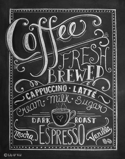 Last week I shared with you all some cute ideas from a "Coffee Bar" themed event I recently did and today I want to show you how I created the large chalkboard style art. First, I was inspired by the chalkboard artwork I saw at Lilly and Val…aren't they cute? Here are the materials I used: … Chalkboard Art Kitchen, Coffee Chalkboard, Chalkboard Art Print, Lily And Val, Kitchen Chalkboard, Coffee Art Print, Chalkboard Print, Chalkboard Lettering, Chalkboard Designs